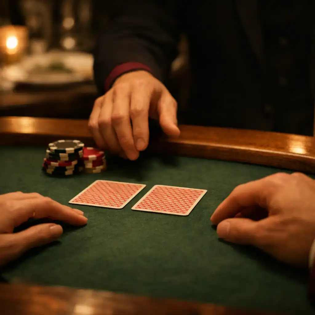 Hands and face-down cards on a green felt blackjack table after dinner