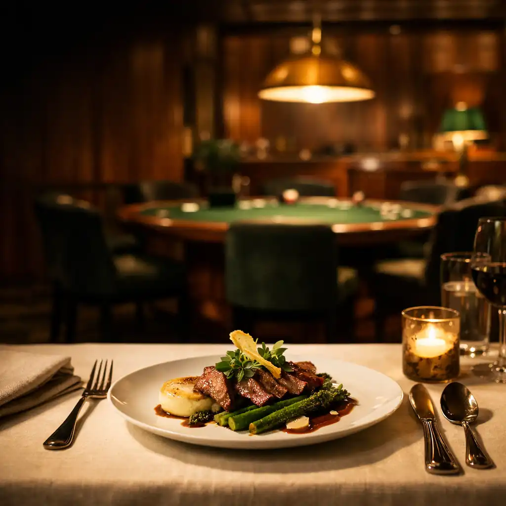 Refined plated dish on cream linen with a softly lit cedar casino lounge beyond