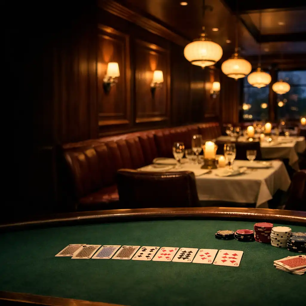 Cedar Zuno casino lounge with a green felt poker table, cedar walls, and warm pendant lights