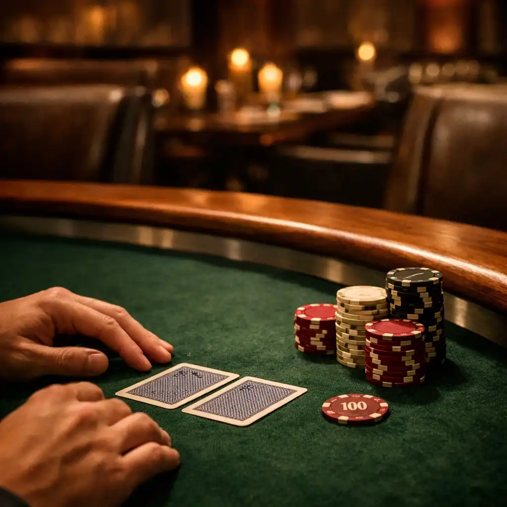 Hands near face-down cards and tactile chips on a forest-green felt poker table