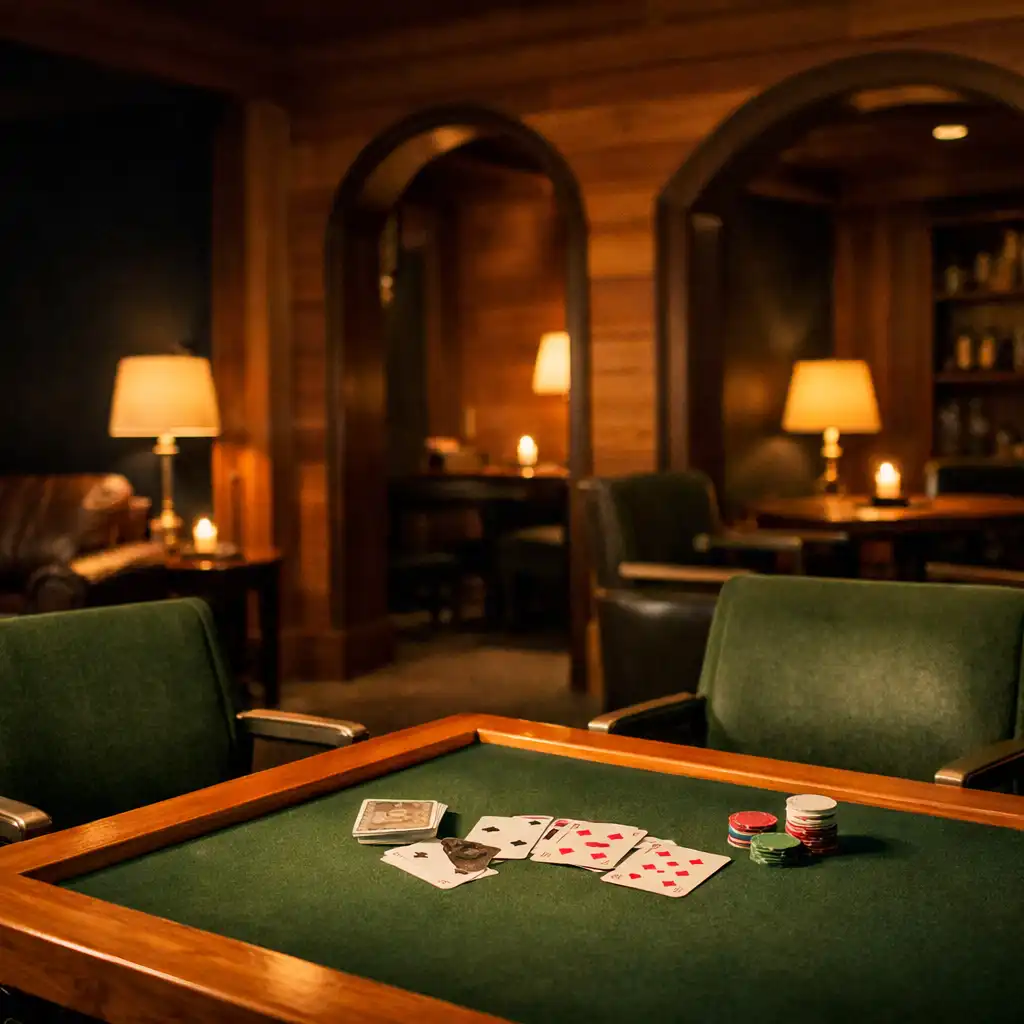 Cedar-edged card table facing intimate card-room openings and green upholstered lounge seating