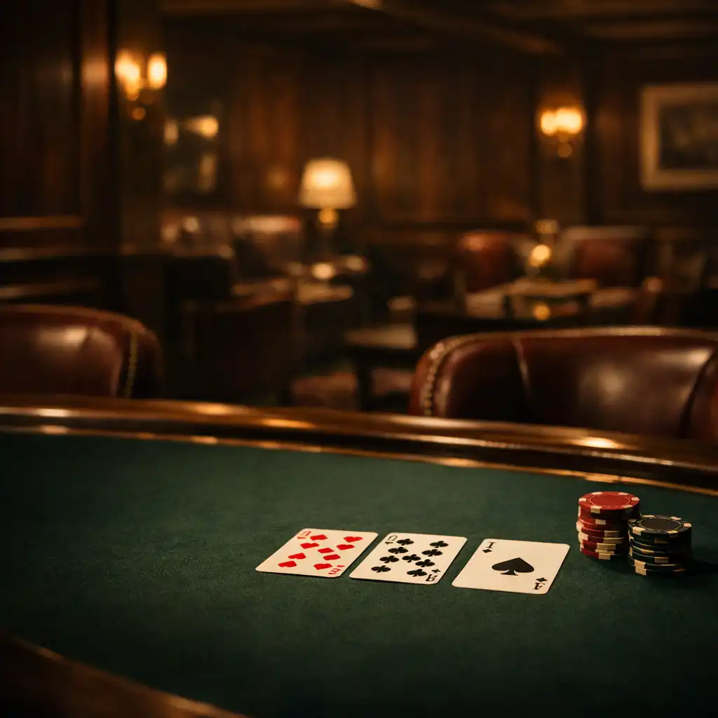 Physical poker table with cards and chips in Cedar Zuno's dark cedar card room