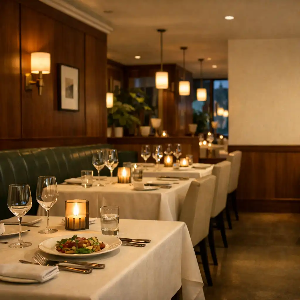 Warmly lit Cedar Zuno dining room with cream linen tables and forest-green banquette seating