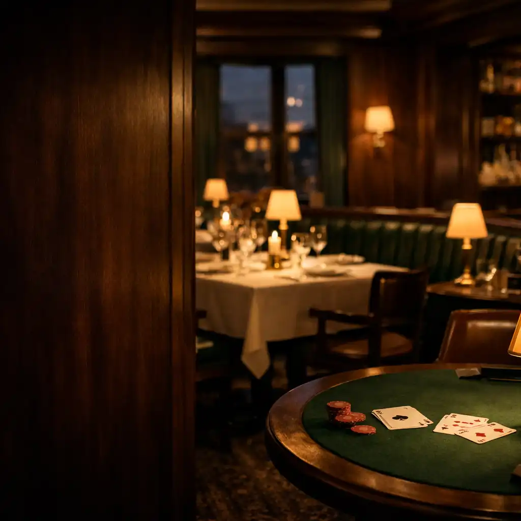 Candlelit Cedar Zuno dining room with a discreet physical card table in the lounge beyond