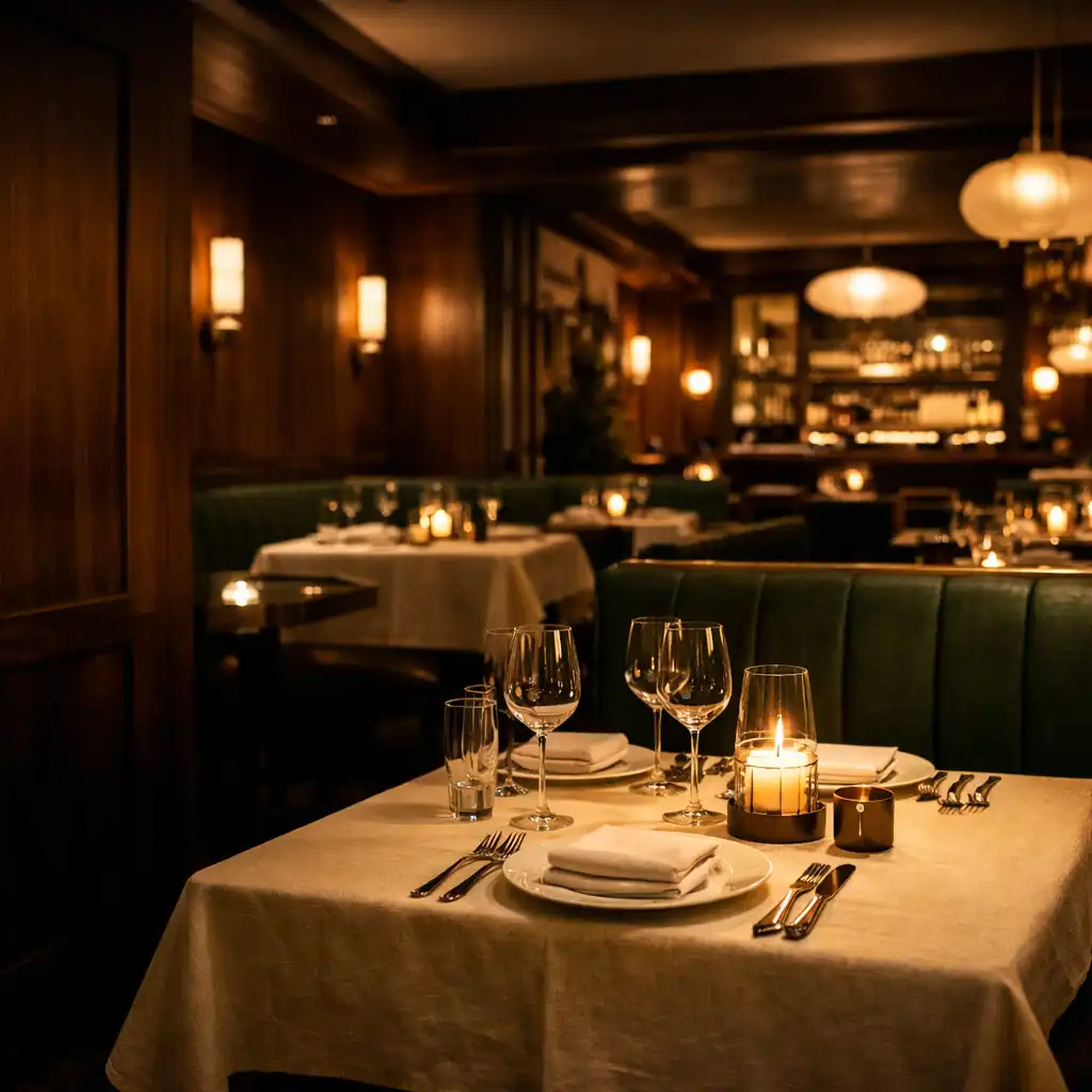 Candlelit cream-linen dining table in Cedar Zuno's cedar-lined interior