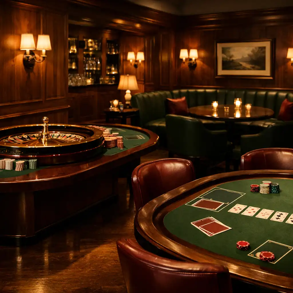 Cedar-paneled lounge interior with forest-green seating, warm lamps, and physical roulette and card tables