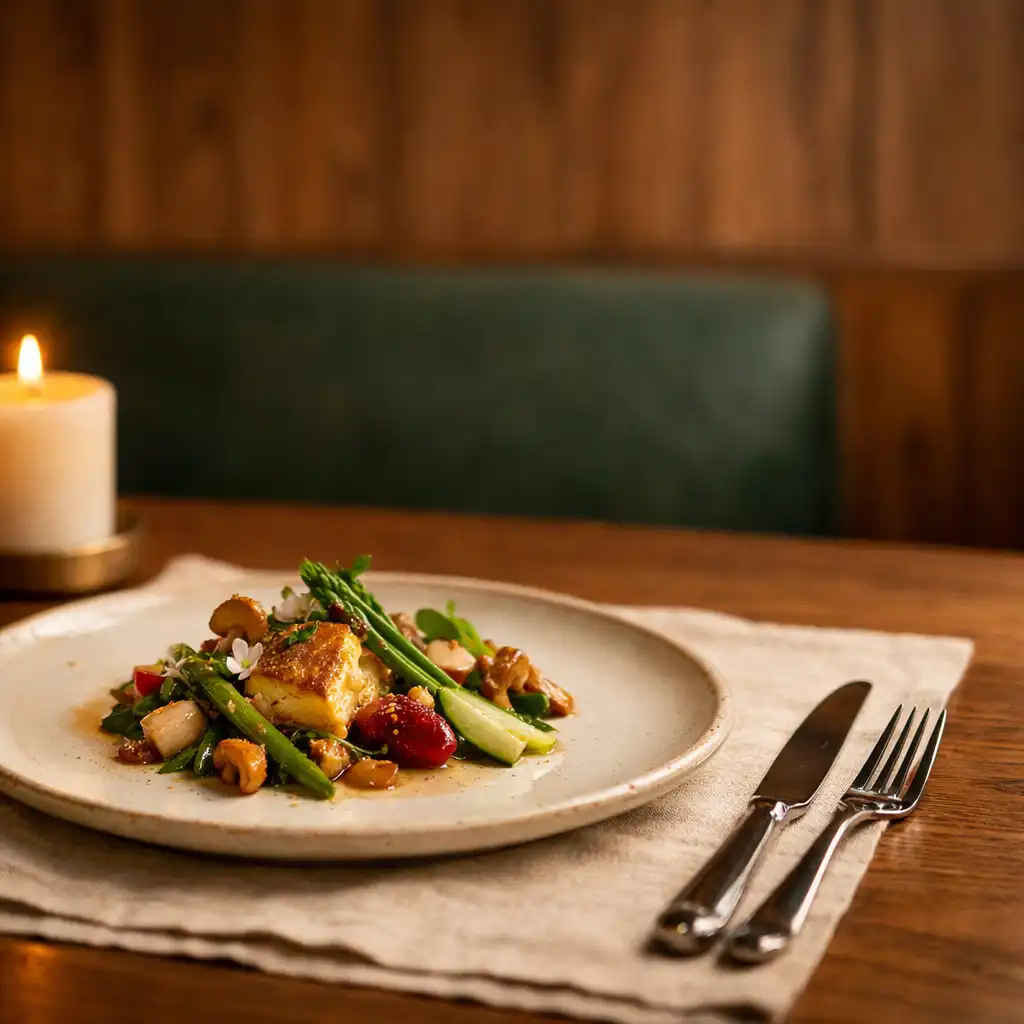 Carefully plated food on cream ceramic with candlelight, linen, and cedar dining-room details