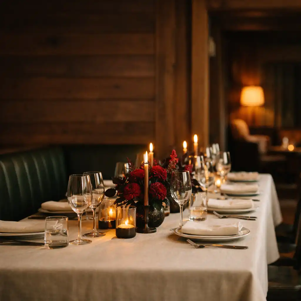 Prepared private dining table with candlelight, cedar walls, and forest-green seating at Cedar Zuno
