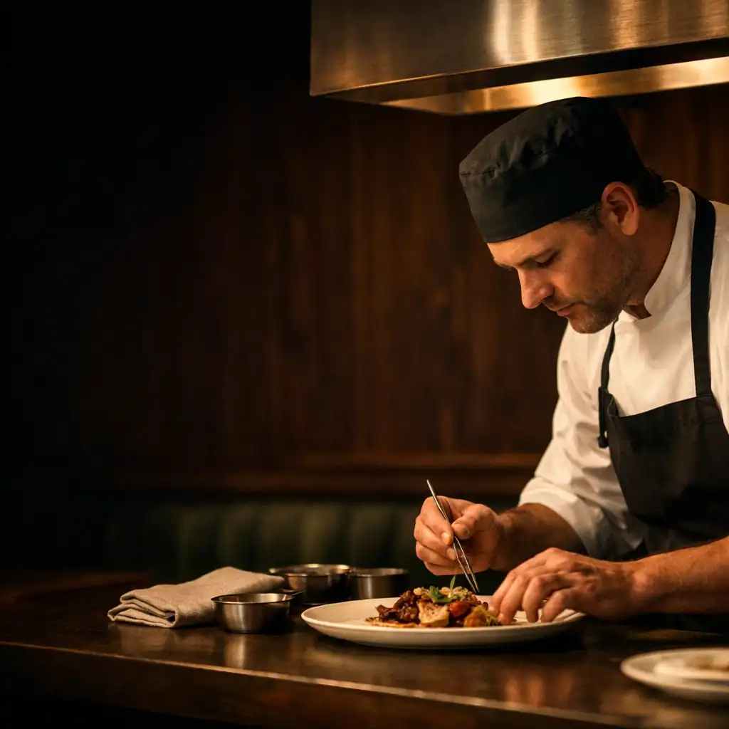 Chef finishing a plated dish at Cedar Zuno's warmly lit restaurant pass