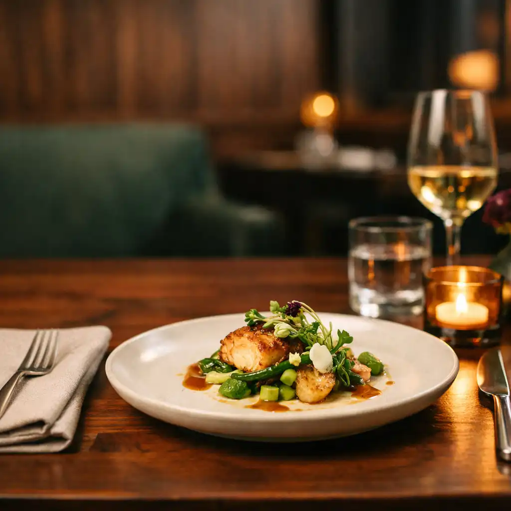 Carefully plated food, folded linen, and candlelight at a premium restaurant table