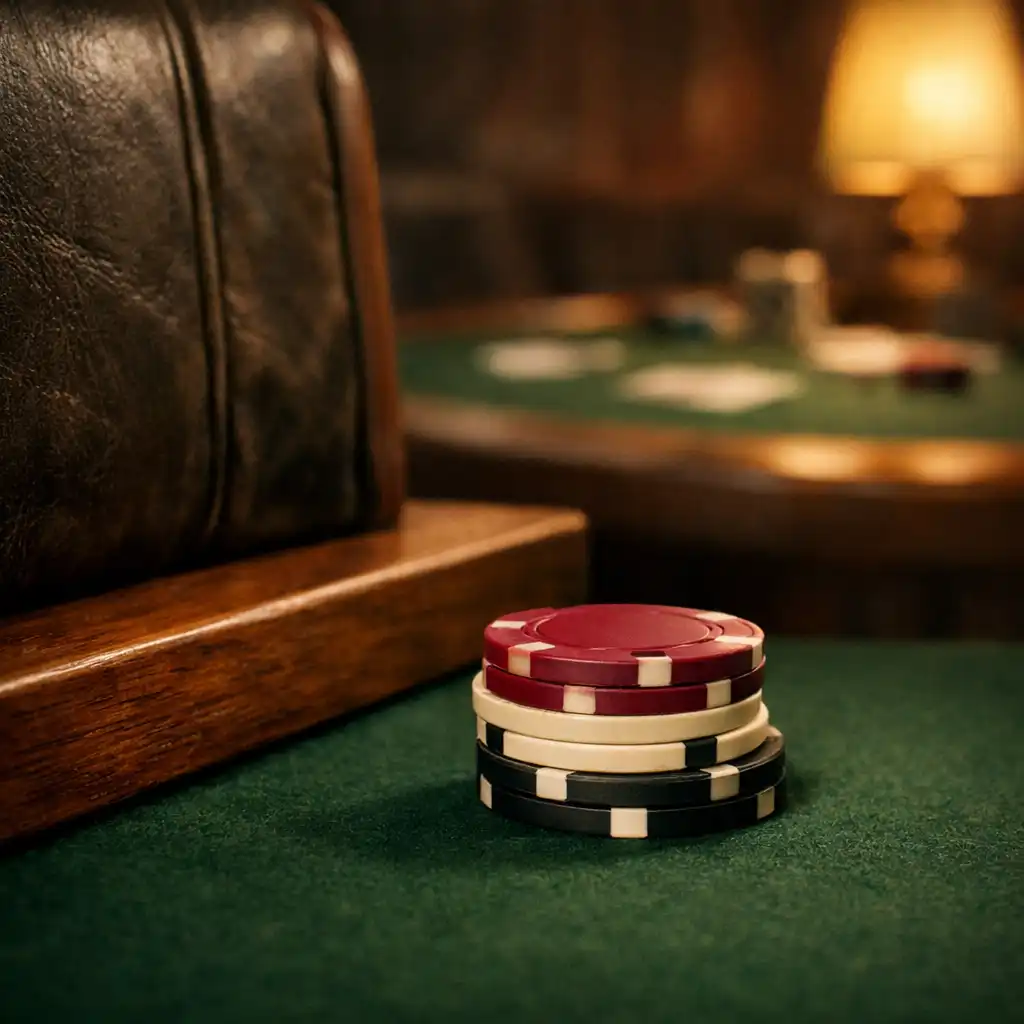A small stack of chips beside forest-green felt and a dark leather lounge seat