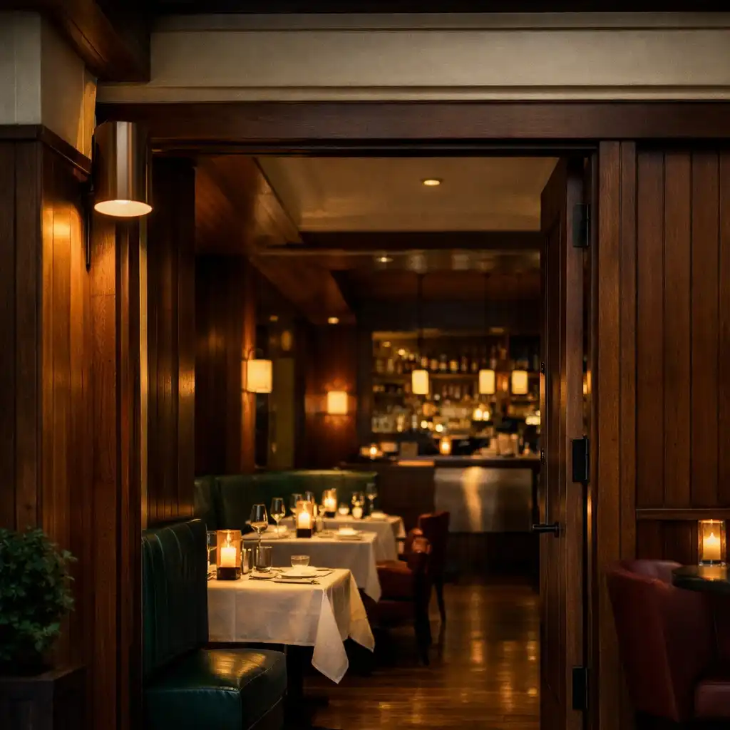 Warm candlelit threshold leading into Cedar Zuno's cedar-lined dining room