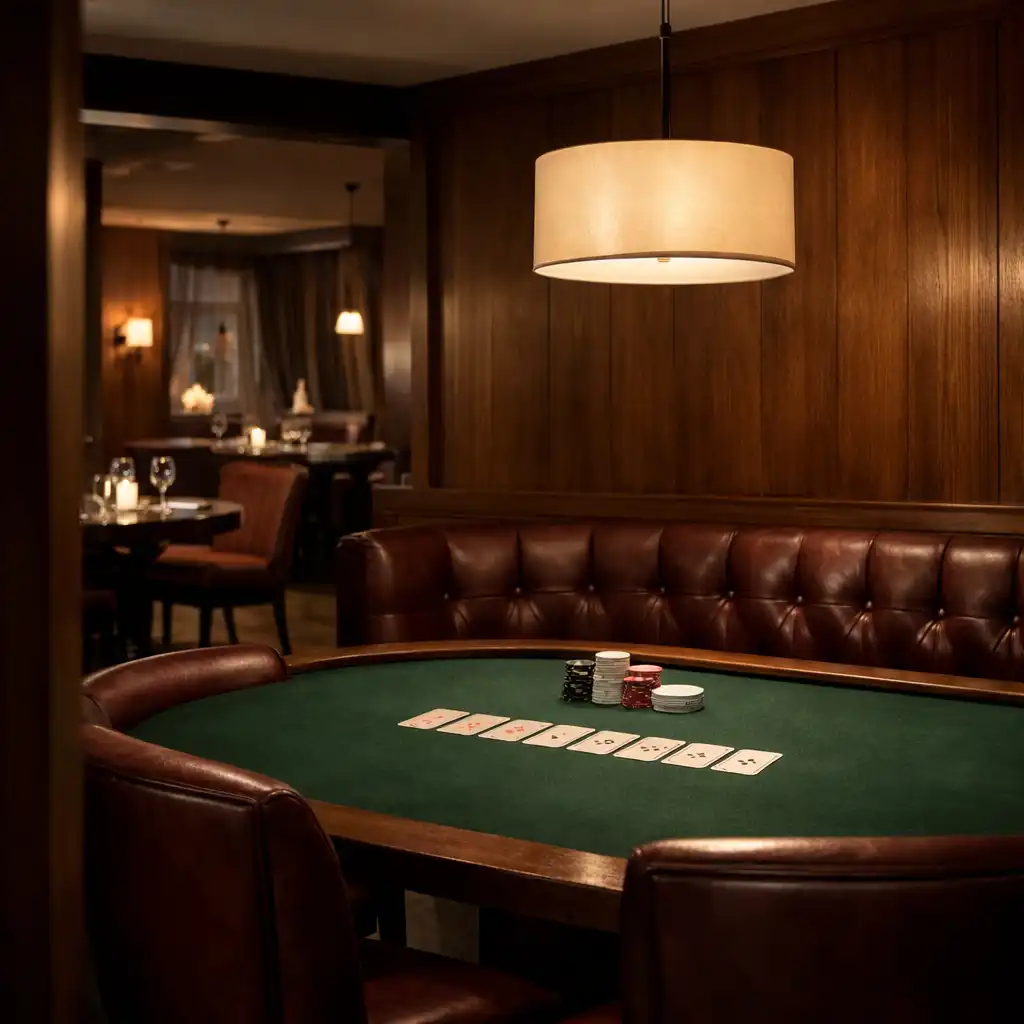 Cedar-lined lounge with green felt poker table, cards, non-monetary chips, and leather seating