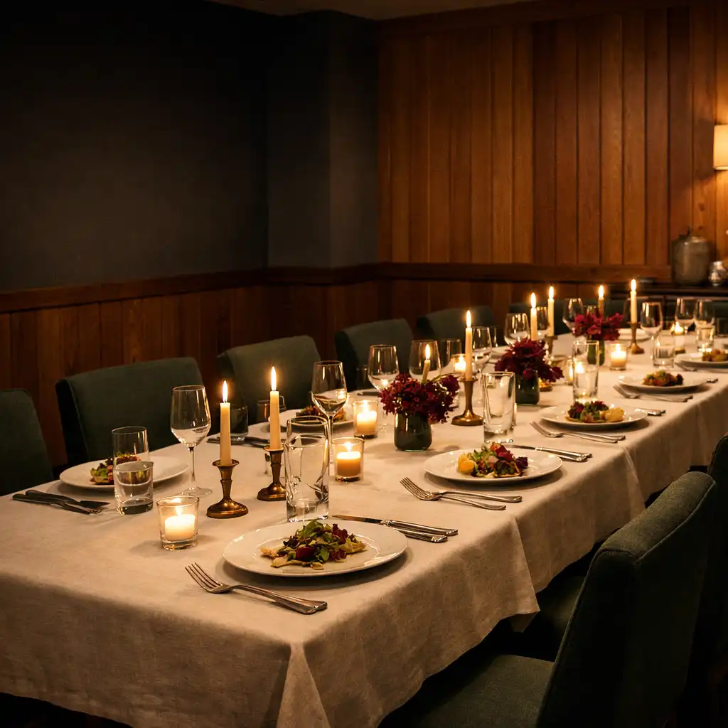 Candlelit private dining table with cream linen, glassware, cedar walls, and green upholstered chairs