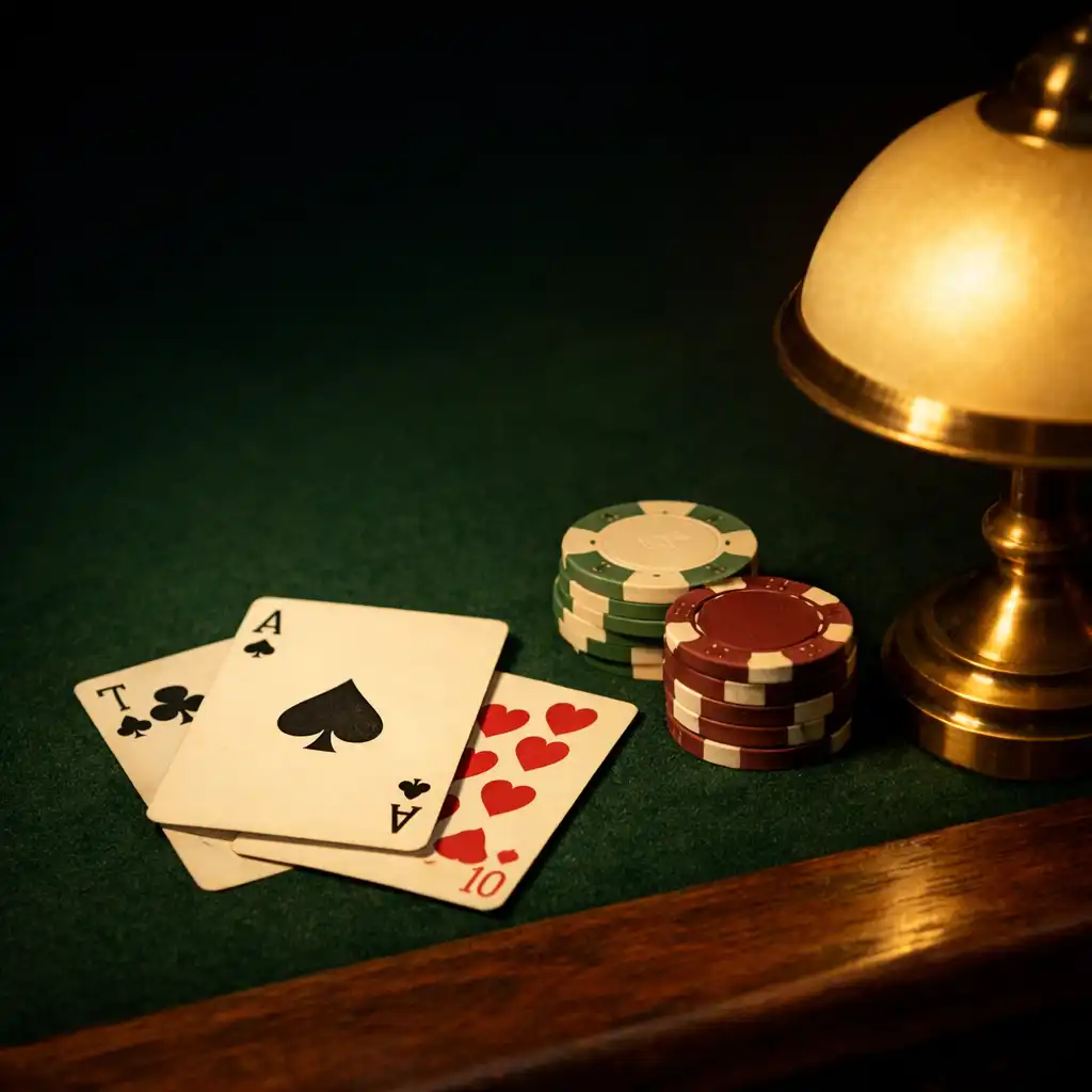 Playing cards and a modest stack of chips on green felt beside a dark cedar table edge
