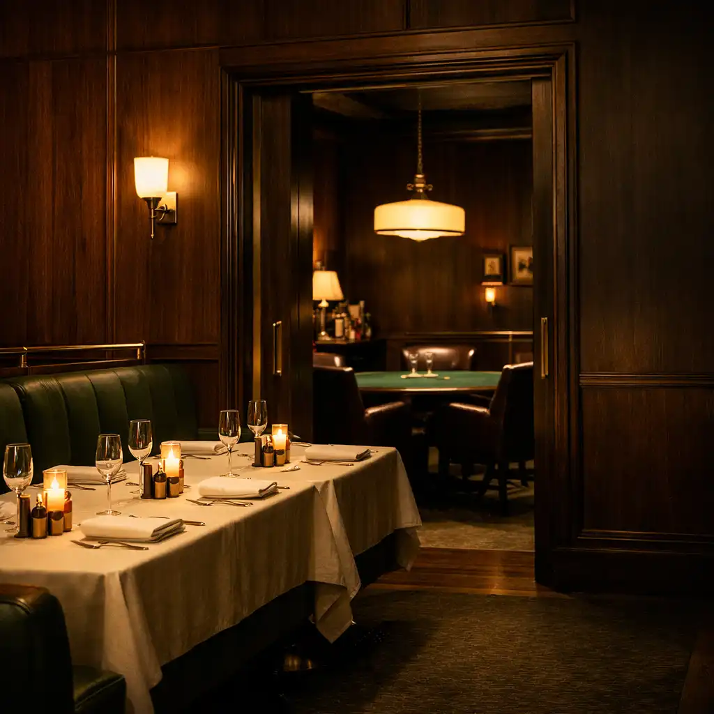 Dark cedar restaurant interior with forest-green seating, linen table settings, and a softly lit lounge doorway