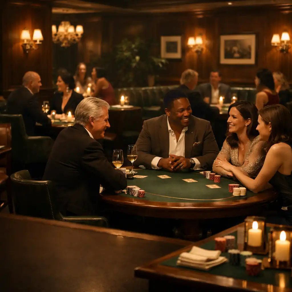 Guests in conversation around physical tables during a candlelit casino night