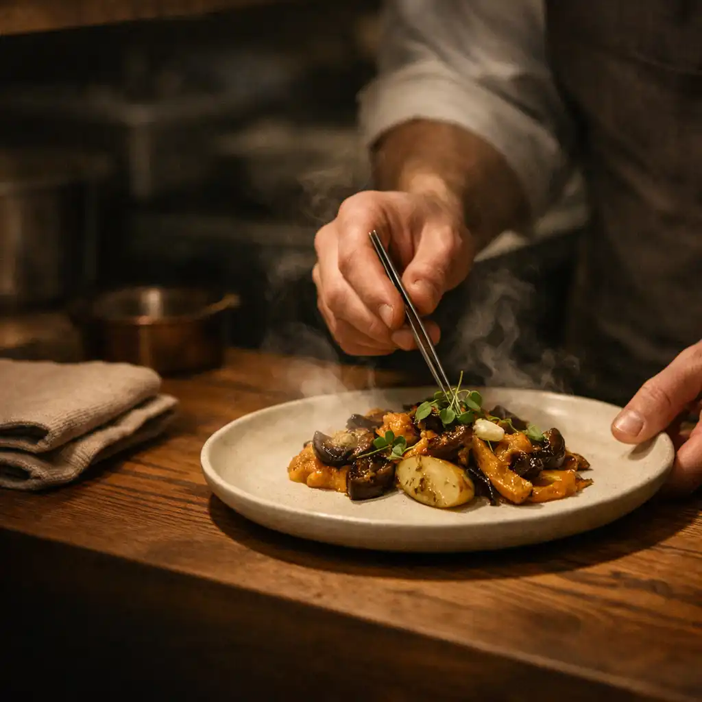 Hands completing a composed plate under warm light at the restaurant kitchen pass