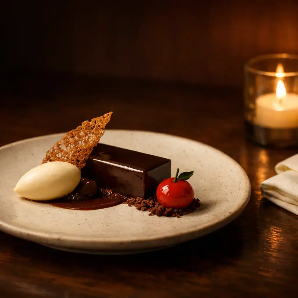 An elegant dark chocolate dessert beside a candle and folded cream napkin