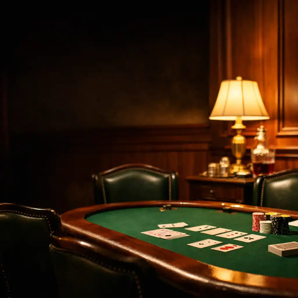 A physical lounge with a green felt poker table, cards, chips, leather chairs, and warm lamps