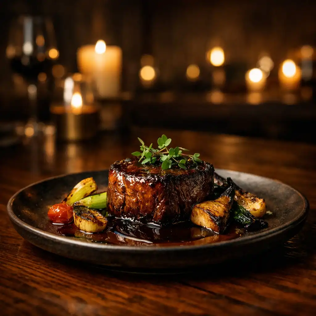 A fire-led main course with charred vegetables on a dark ceramic plate