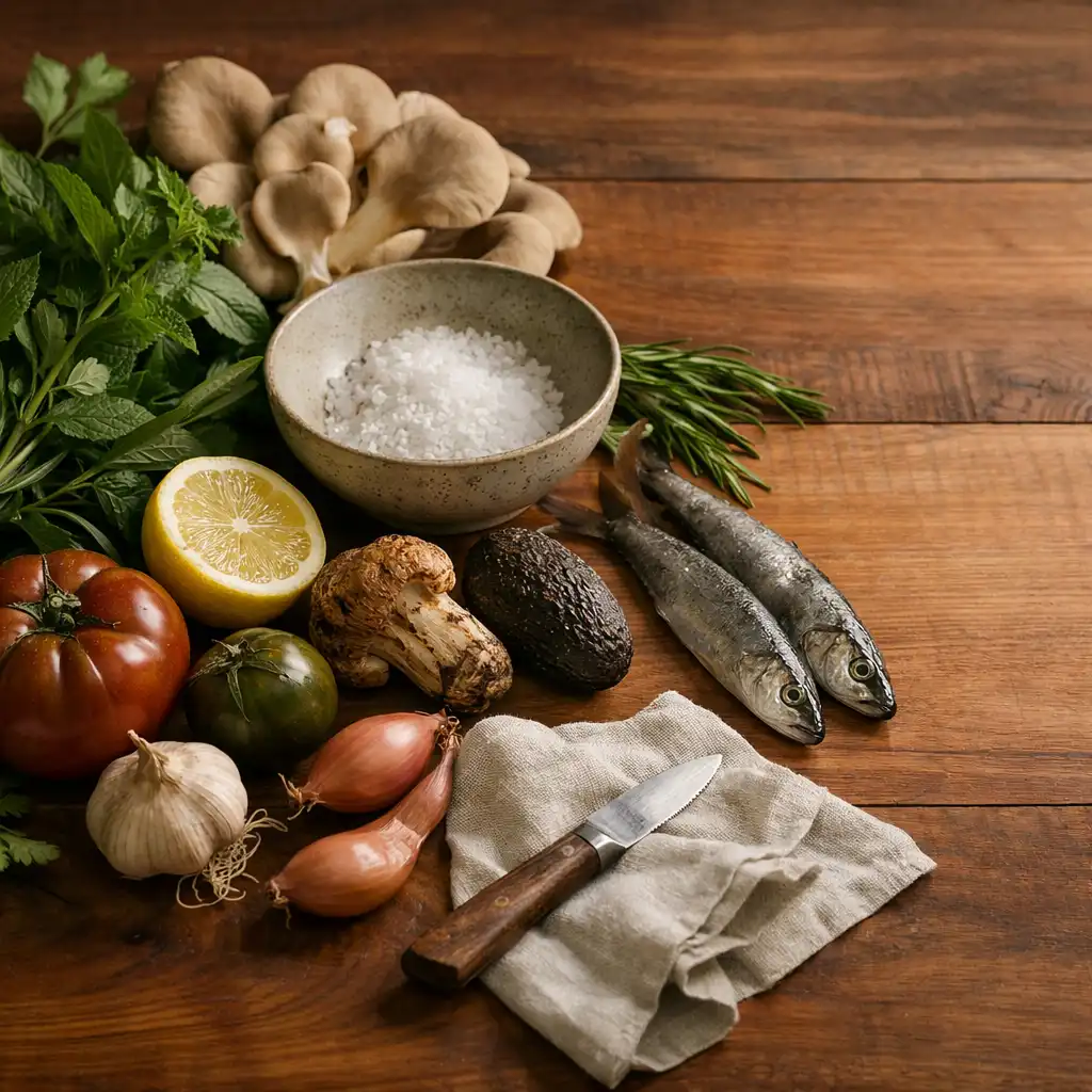 Pacific Northwest ingredients arranged on cedar with linen and ceramic