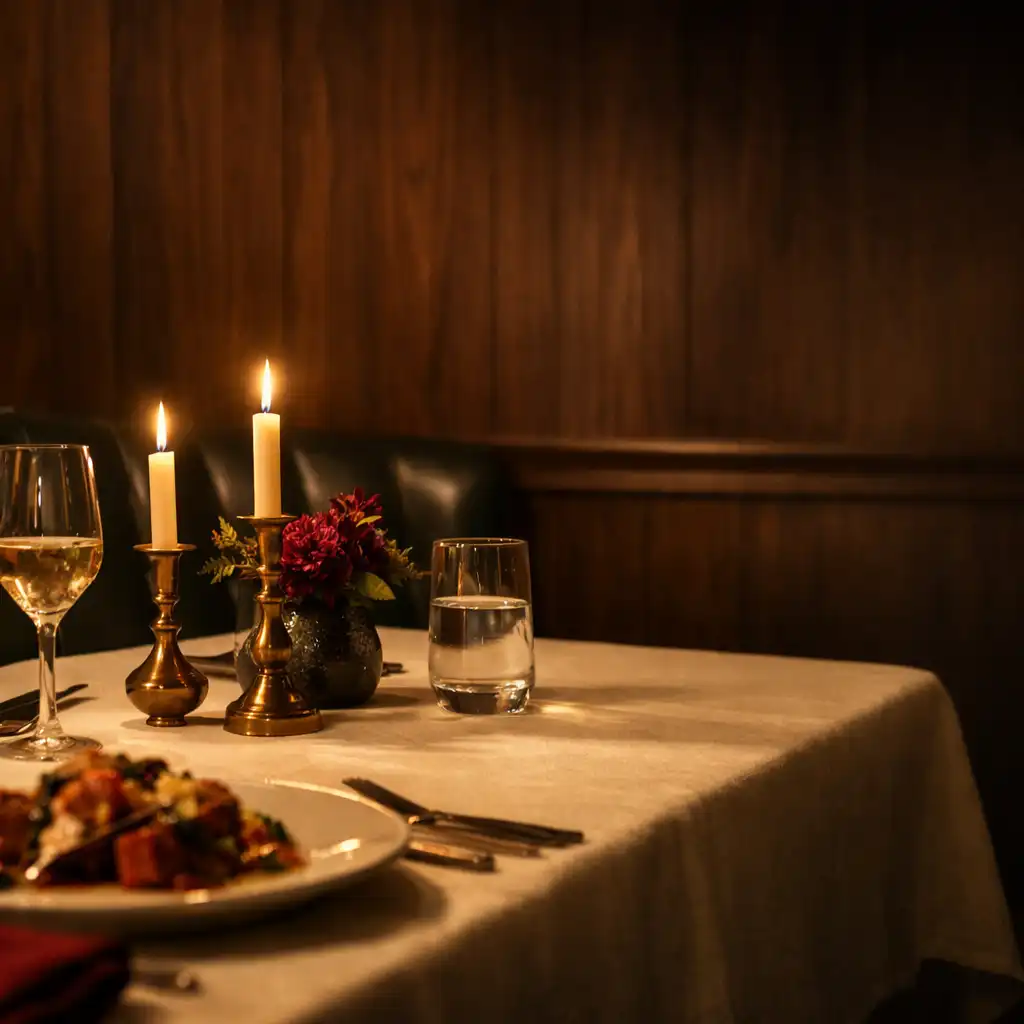 Candlelit private dining table with cream linen, cedar details, and forest-green seating