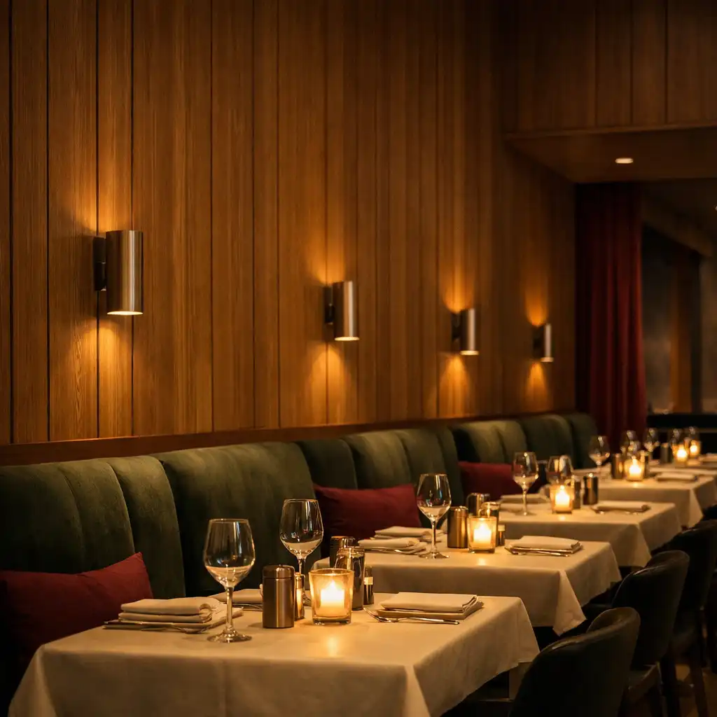 Cedar-lined dining interior with forest-green seating and candlelit tables