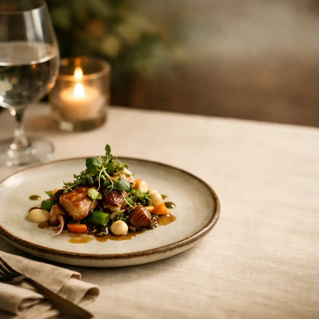 A refined plated course on cream linen with ceramic tableware and candlelight