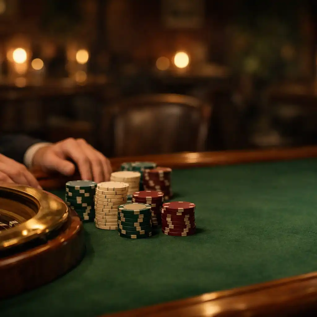 Hands, chips, and a brass roulette wheel at a candlelit physical table