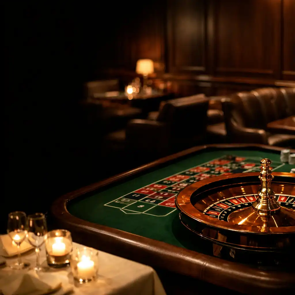 Candlelit forest-green roulette table in Cedar Zuno's physical lounge